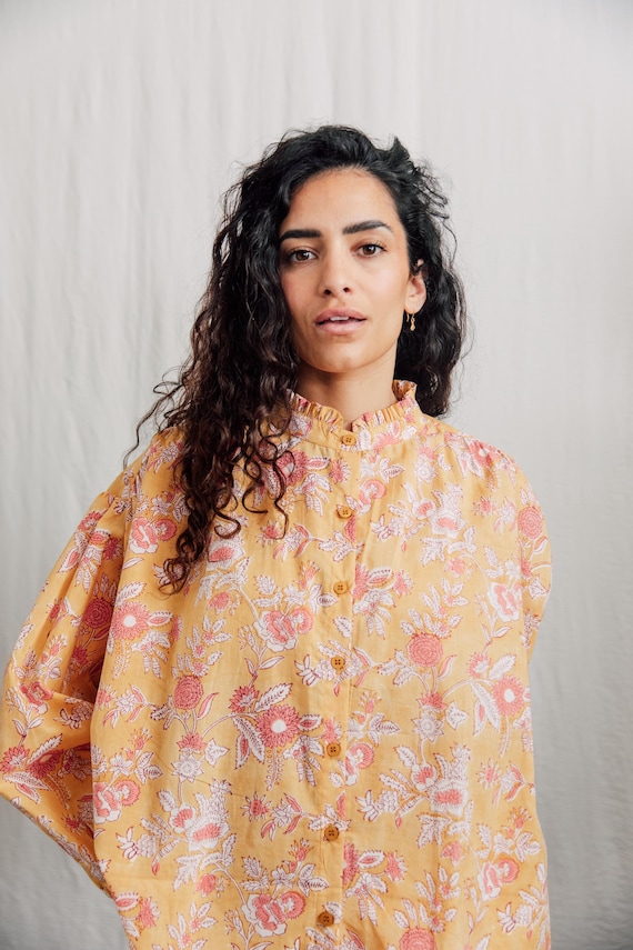 Hand block Printed Cotton Shirt, Ruffle Collar, Natural Dyes, Floral Pattern