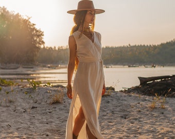 White wrap dress, raw cotton wrap dress, white goddess dress