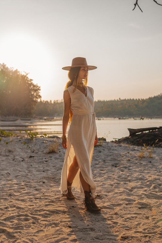 White wrap dress, raw cotton wrap dress, white goddess dress