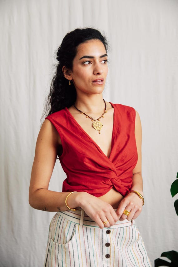 Bamboo Twist knot cami top/ red wrap front crop top/ breathable summer camisole / boho festival top / sustainable uk handmade