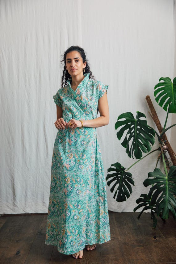Hand Block Print Cotton Maxi Dress | Boho Wrap Summer Resort Wear