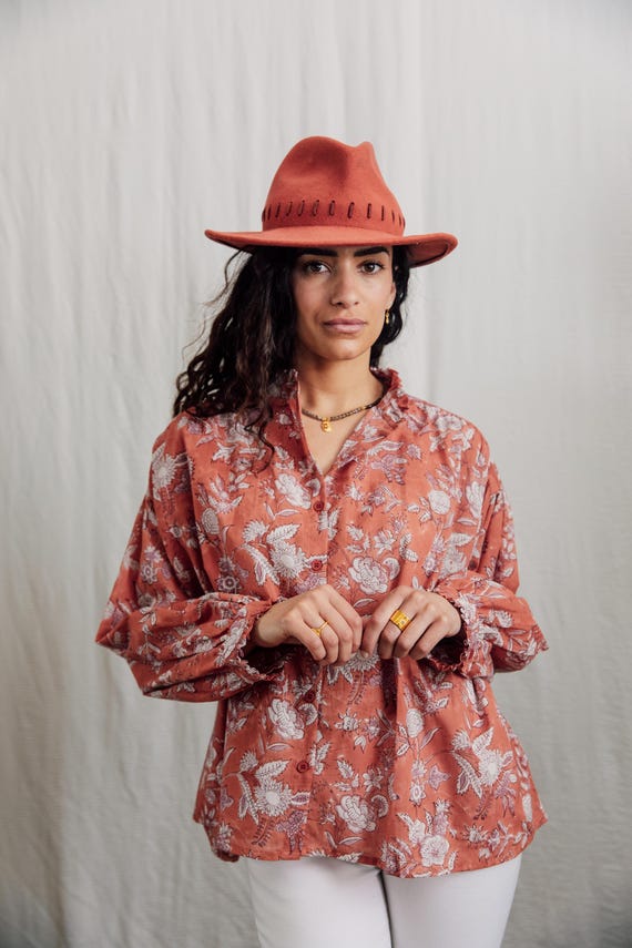 Hand block Printed Cotton Shirt, Ruffle Collar, Natural Dyes, Boho Style