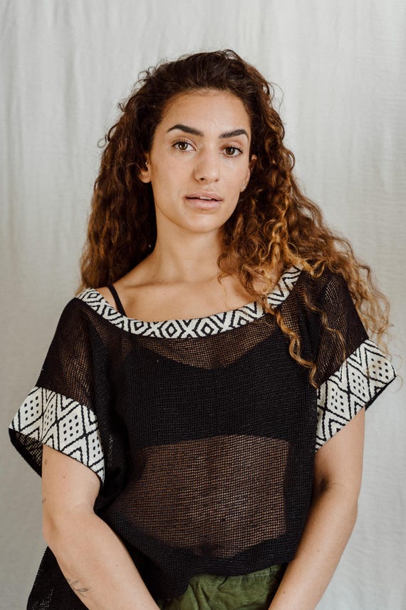 Black Womens Mesh top, block print detail