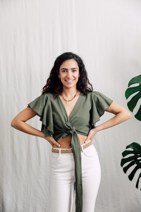 Forest Green , Raw cotton, Tie top, Wrap top