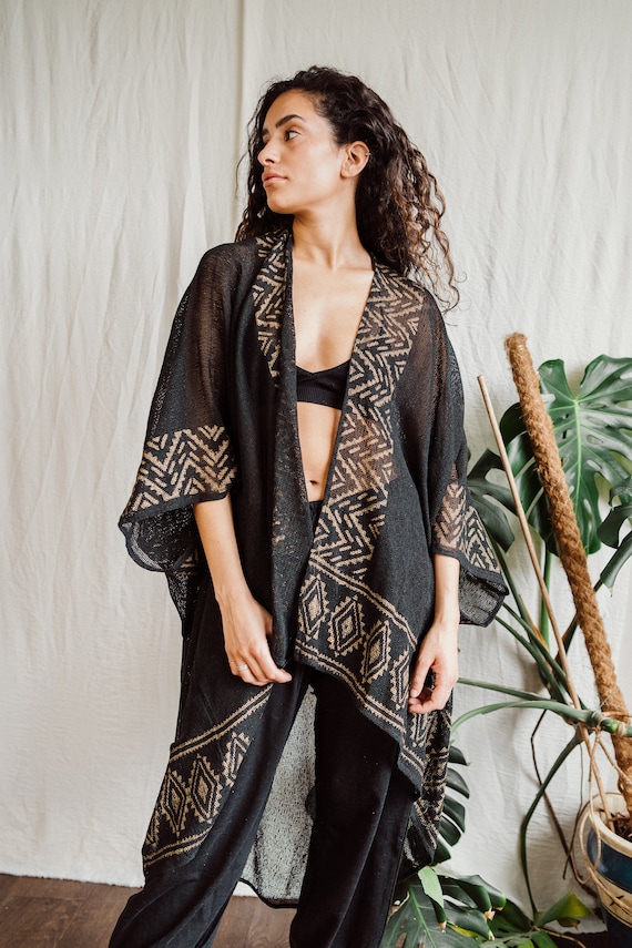 Oversized Inka cardigan, Black with beautiful gold block print, cardigan