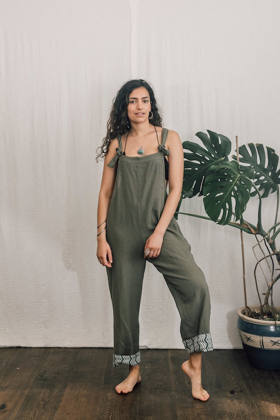 Moss Green InKA DUNGAREES with turn ups, overalls, onsie, all in ones , Adjustable in beautiful Raw cotton.