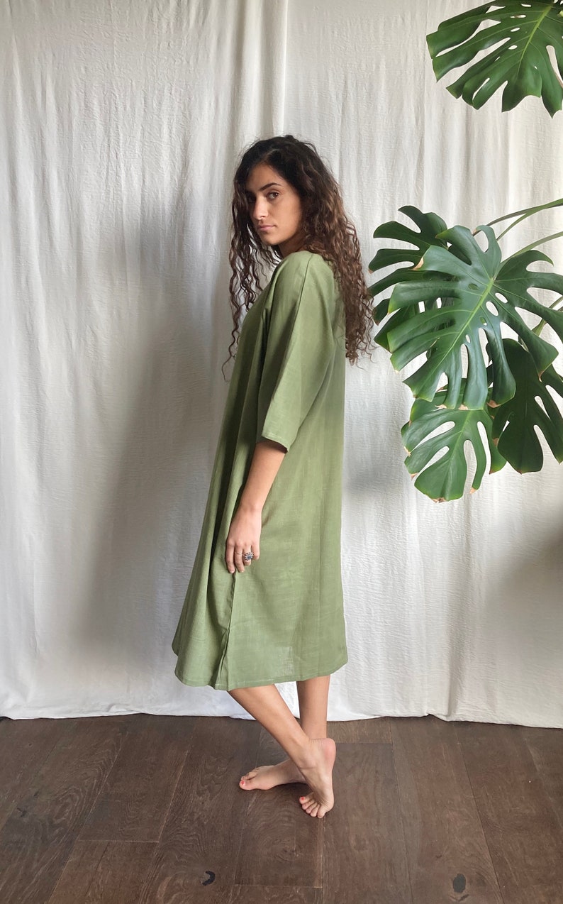 Cotton Dress, Green , with pockets image 2