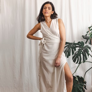 White wrap dress, raw cotton wrap dress, white goddess dress image 2