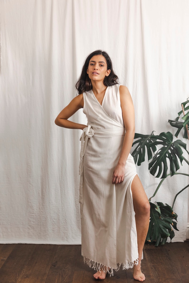 White wrap dress, raw cotton wrap dress, white goddess dress image 2