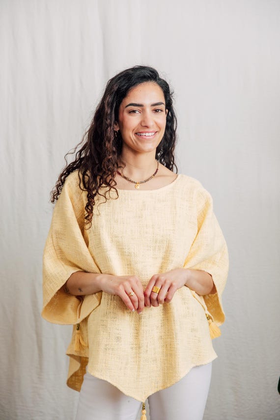 Woven Cotton Summer Top with Tassel Detail, Yellow Free Size