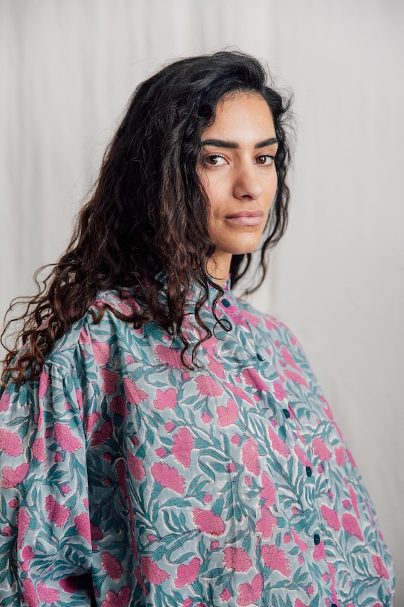 Hand block Printed Cotton Shirt, Ruffle Collar, Natural Dyes