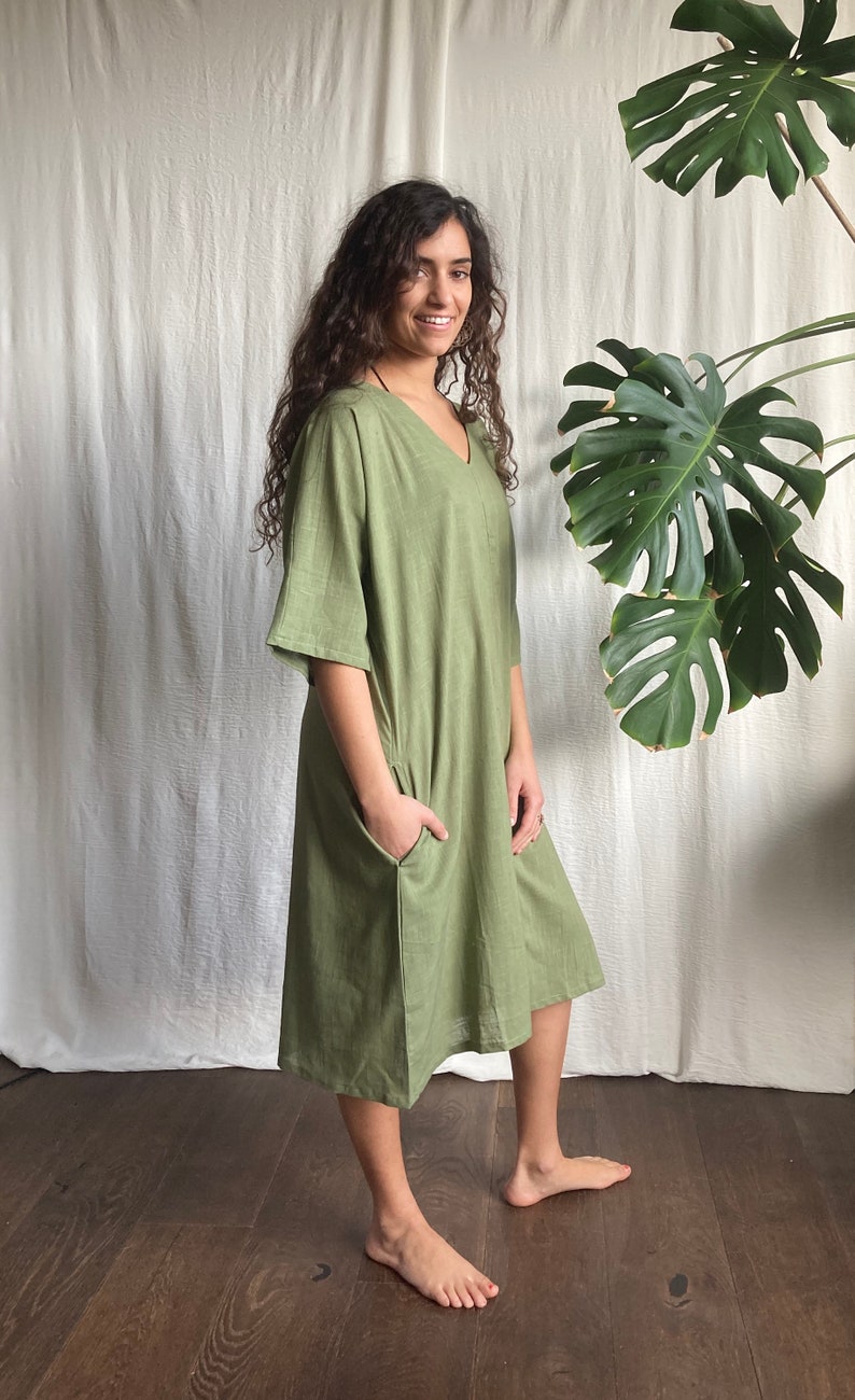 Cotton Dress, Green , with pockets image 3