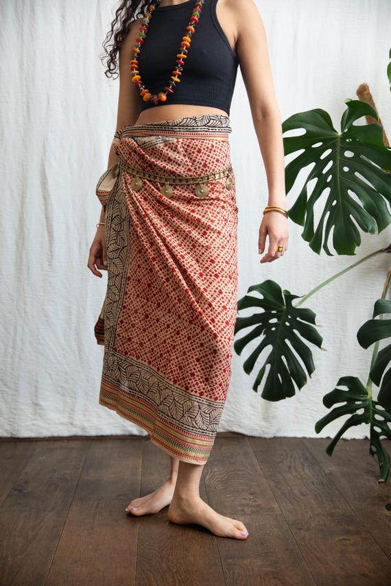 Hand Block Print  Cotton Sarong Shawl, Gold Border