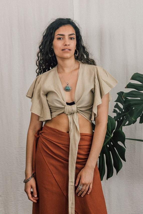 oatmeal, Raw cotton, Tie top, Wrap top