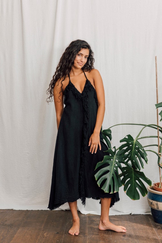 Black Raw Cotton Ruffle Dress