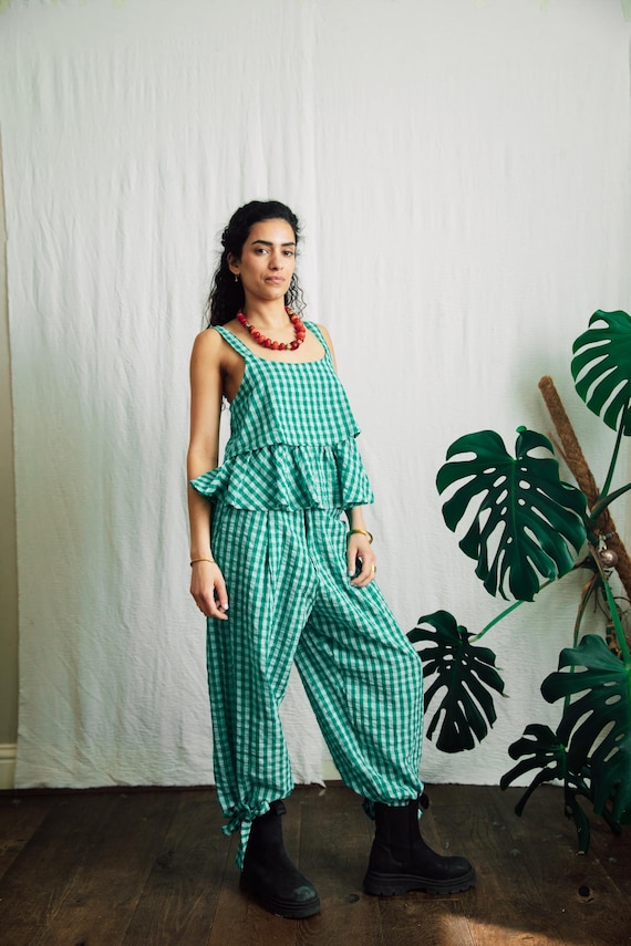 Blue Gingham Ankle tie trousers/ High waist button +elastic back trousers/ 100% cotton check pants with pleats/ festival pants uk 8-14