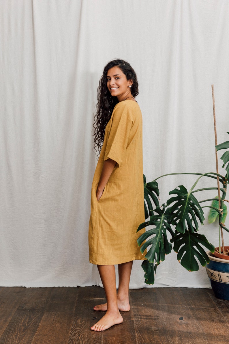 Cotton Dress, Mustard, with pockets image 3