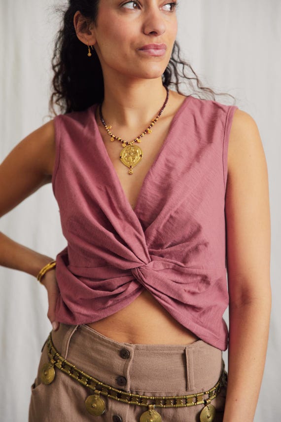 Bamboo Twist knot cami top/ dusty pink wrap front crop top/ breathable summer camisole / boho festival top / sustainable uk handmade