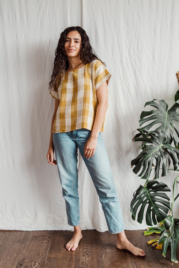 Everyday top in mustard and white check, relaxed woven top.