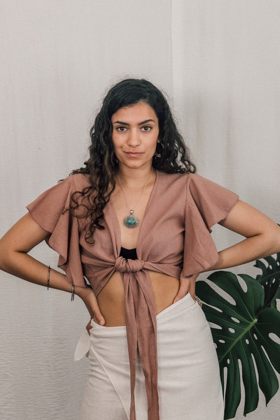 DUSTY PINK TOP - Women Tie Top - Raw Cotton Top - Women Pink Top - Trendy Tie Top - Cotton Wrap Top - Handmade Top