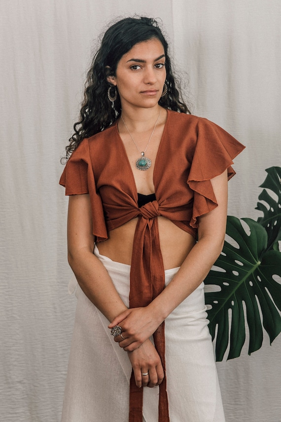 Rust, Raw cotton, Tie top, Wrap top
