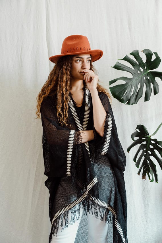 Black Woven Summer Jacket, Cotton Block print Triming with frayed edging.