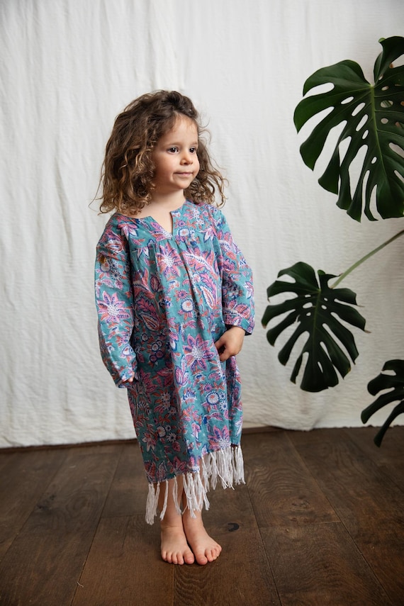 kids beach cover-up, kids kimono hand block print fabric