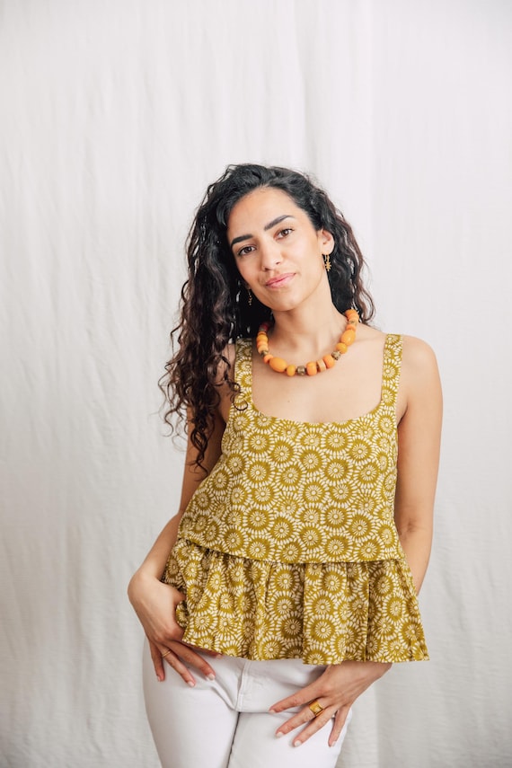 Mustard Block Print Cotton Billie Top, Adjustable Strappy Flower Fabric