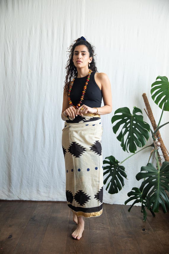Hand Block Print Organic Cotton Sarong Shawl, Gold Border