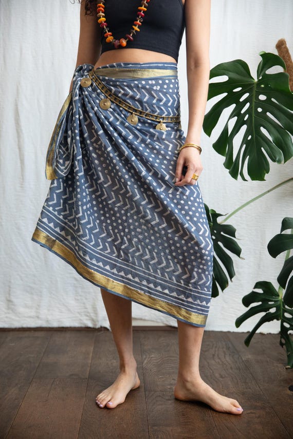 Hand Block Print  Cotton Sarong Shawl, Gold Border