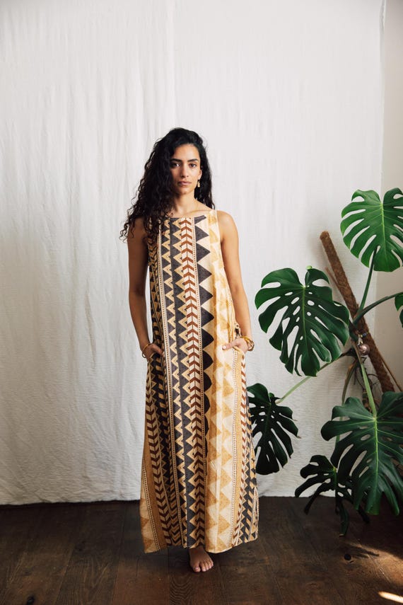 Aztec Print maxi dress/Tribal Geometric sleeveless dress/ Beige Boho Festival Dress/ Cotton Summer Dress/ Handmade uk