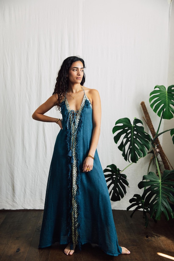 Teal Cotton Maxi Dress: Boho Halter, Backless Fringe, Lace-Up Beach Coverup
