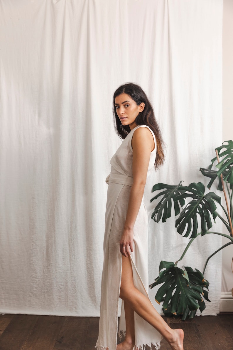 White wrap dress, raw cotton wrap dress, white goddess dress image 3