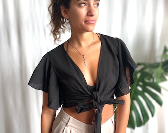 Black, Raw cotton, Tie top, Wrap top