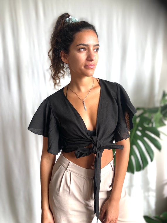 Black, Raw cotton, Tie top, Wrap top