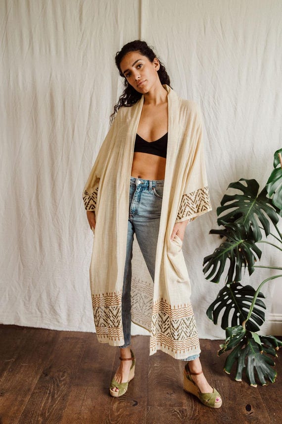 Cream Raw cotton,Black Print, summer kimono