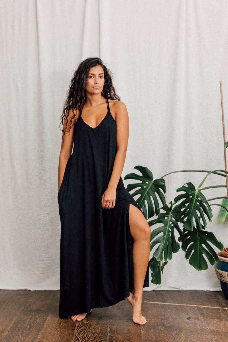 Bamboo maxi dress in Black with pockets, long black dress. image 2