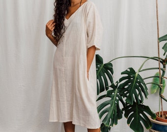 Cotton Dress, White , with pockets