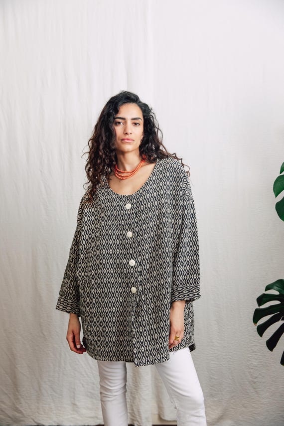 100% cotton summer jacket/ geometric woven cotton jacket/ lightweight button front duster/ boho summer layer uk 8-16