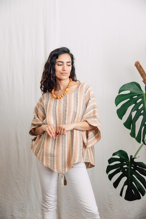 Woven Cotton Aztec Top with Tassel Detail, Summer Boho Style