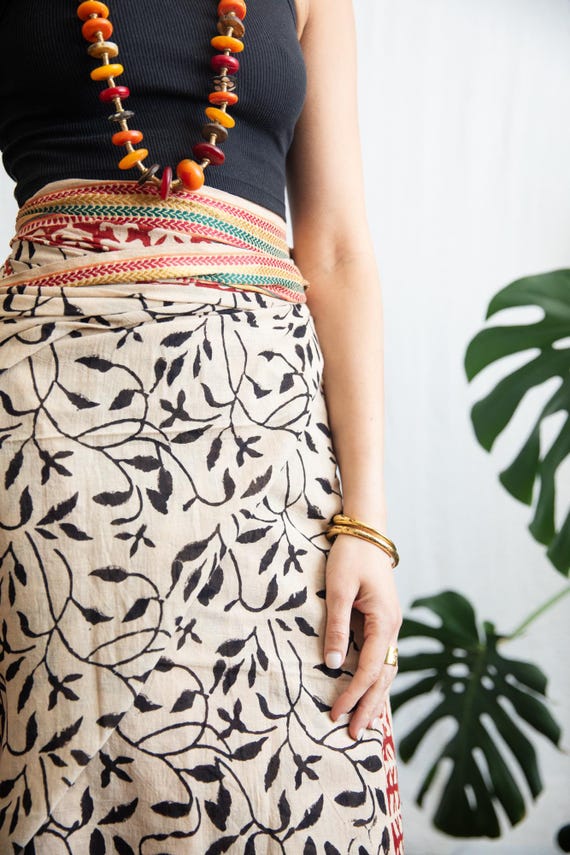Hand Block Print Organic Cotton Sarong Shawl, Gold Border