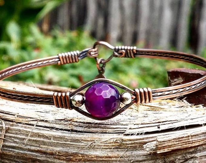 Purple Gemstone Bracelet, Copper Bracelet, Wire wrapped, Wire jewelry, Agate, Purple Semi-Precious gemstone