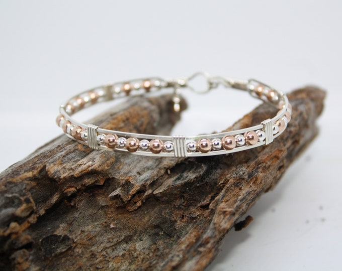 Pink Gold, Rose Gold, Sterling Silver, Argentium Silver, Bracelet, Bangle,Hand Crafted, Handmade, Wire Wrapped, Fine Jewelry