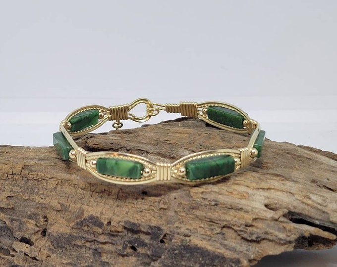 Jade Lariat: 14kt Gold Filled, African Jade, Wire wrapped Bracelet.