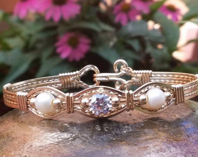 Gold Bangle, Pearls and CZ Wire Wrapped, Wire Jewelry