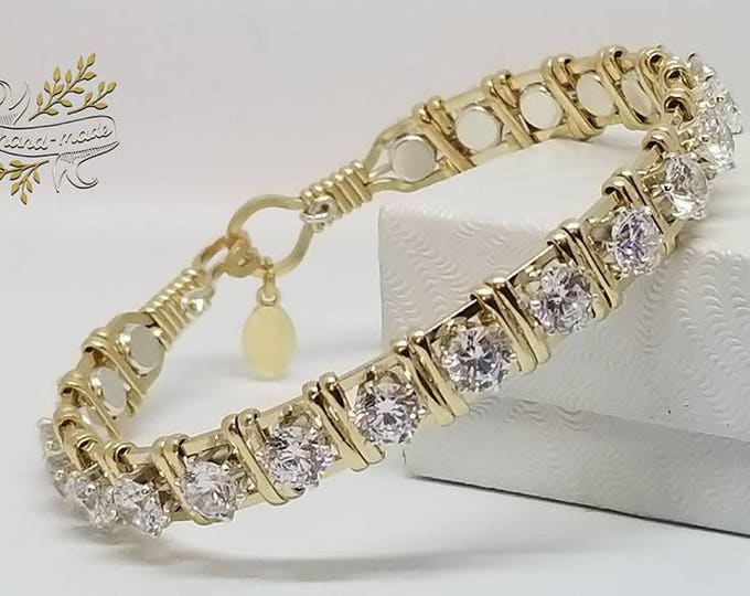 The Queens Crown: Diamond CZ,14kt GF,Sterling Silver,Wire Wrapped Gold Bracelet,Fancy Jewelry