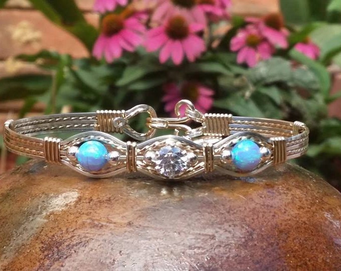 Cynthia- light blue fire opal, 14kt Gold filled, Argentium Silver, Silver, Gold, Opal, Cubic Zirconia, Wire Jewelry, Wire Wrapped