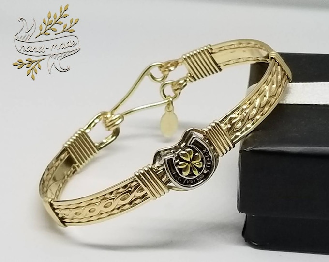 Lucky Me- 14kt Gold filled Bracelet, lucky charm bracelet, elegant bracelet, horse shoe, 4 leaf clover