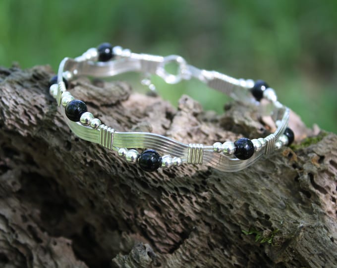 The River bracelet: Fine .935 Argentium Silver with black and silver beads bracelet wire wrapped wire jewelry