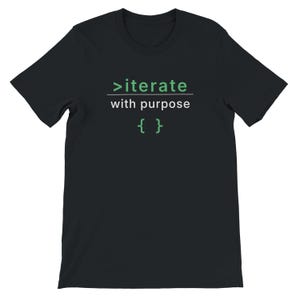Puede incluir: Camiseta negra con el texto ">iterate with purpose { }" en blanco y verde. La camiseta tiene cuello redondo y mangas cortas.